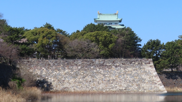 堀の対岸（西の低地）から見上げた名古屋城。石垣の上に天守がそびえる