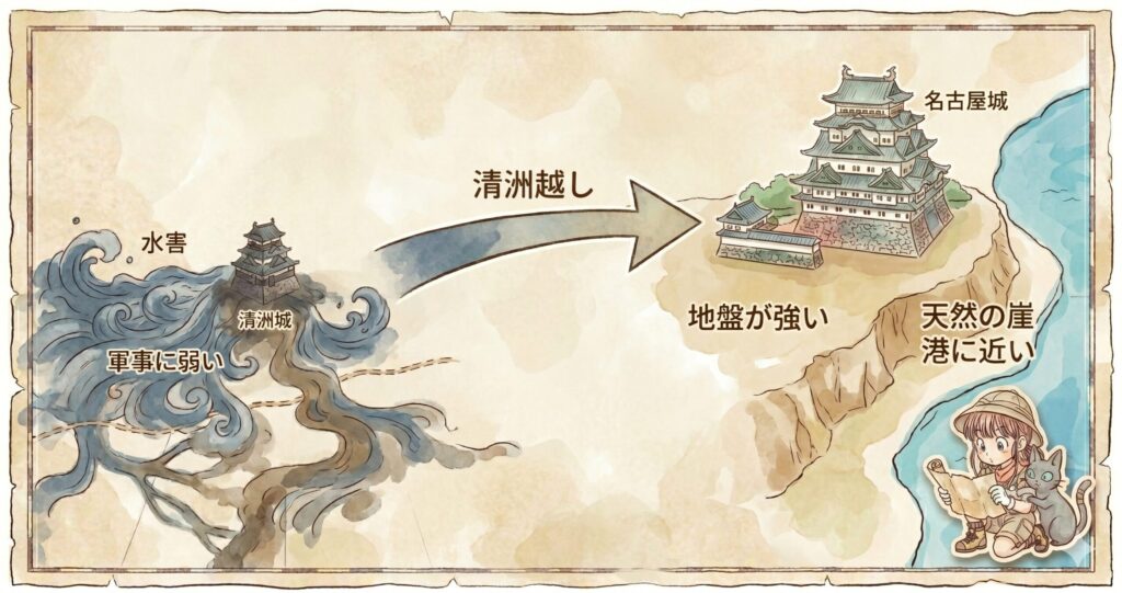水害に悩む清洲城から台地上の名古屋城へ移転した清洲越しを表したイラスト