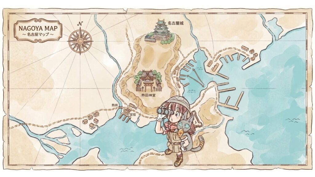 名古屋城と熱田神宮を結ぶ熱田台地を描いたイラストマップ