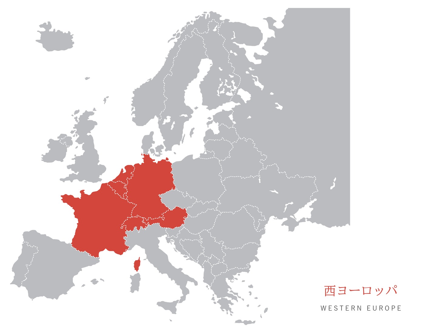 西ヨーロッパの国々（フランス・ドイツ・ベネルクス・スイス・オーストリア）を赤で示したヨーロッパの地図