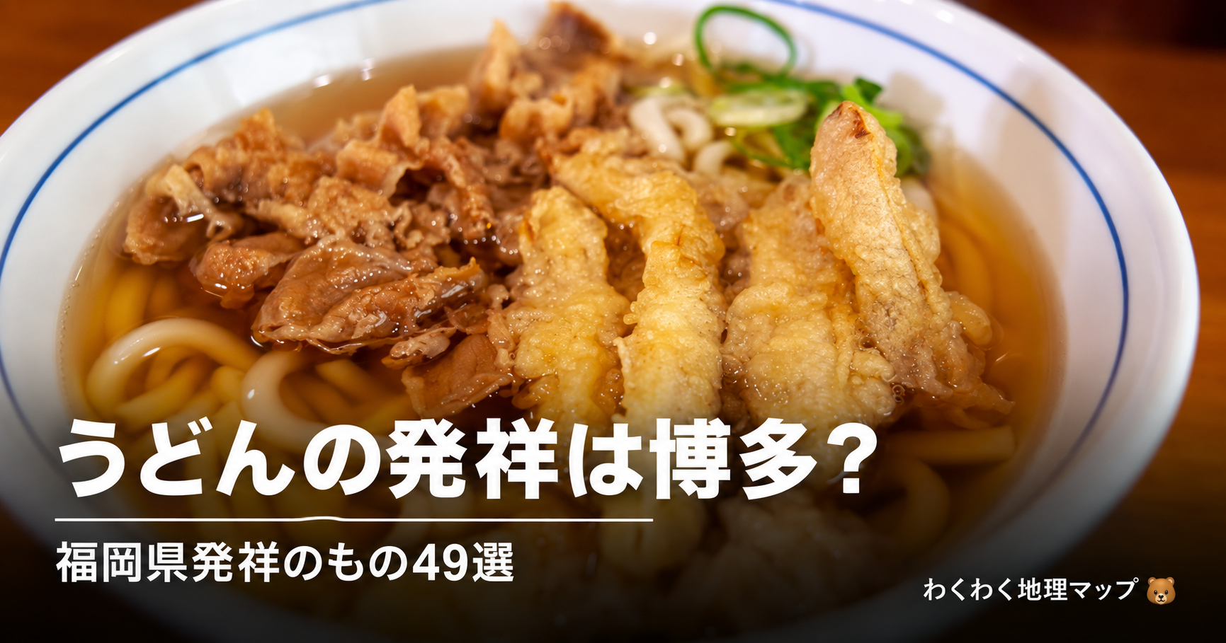 肉とごぼう天がのった博多うどん。福岡県発祥のもの49選