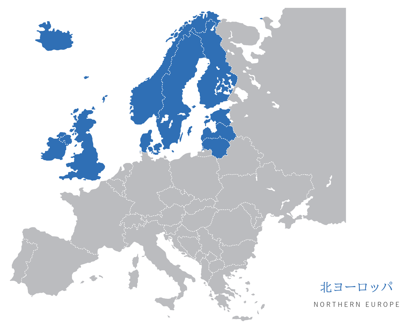 北ヨーロッパの国々（イギリス・アイルランド・北欧・バルト三国など）を青で示したヨーロッパの地図